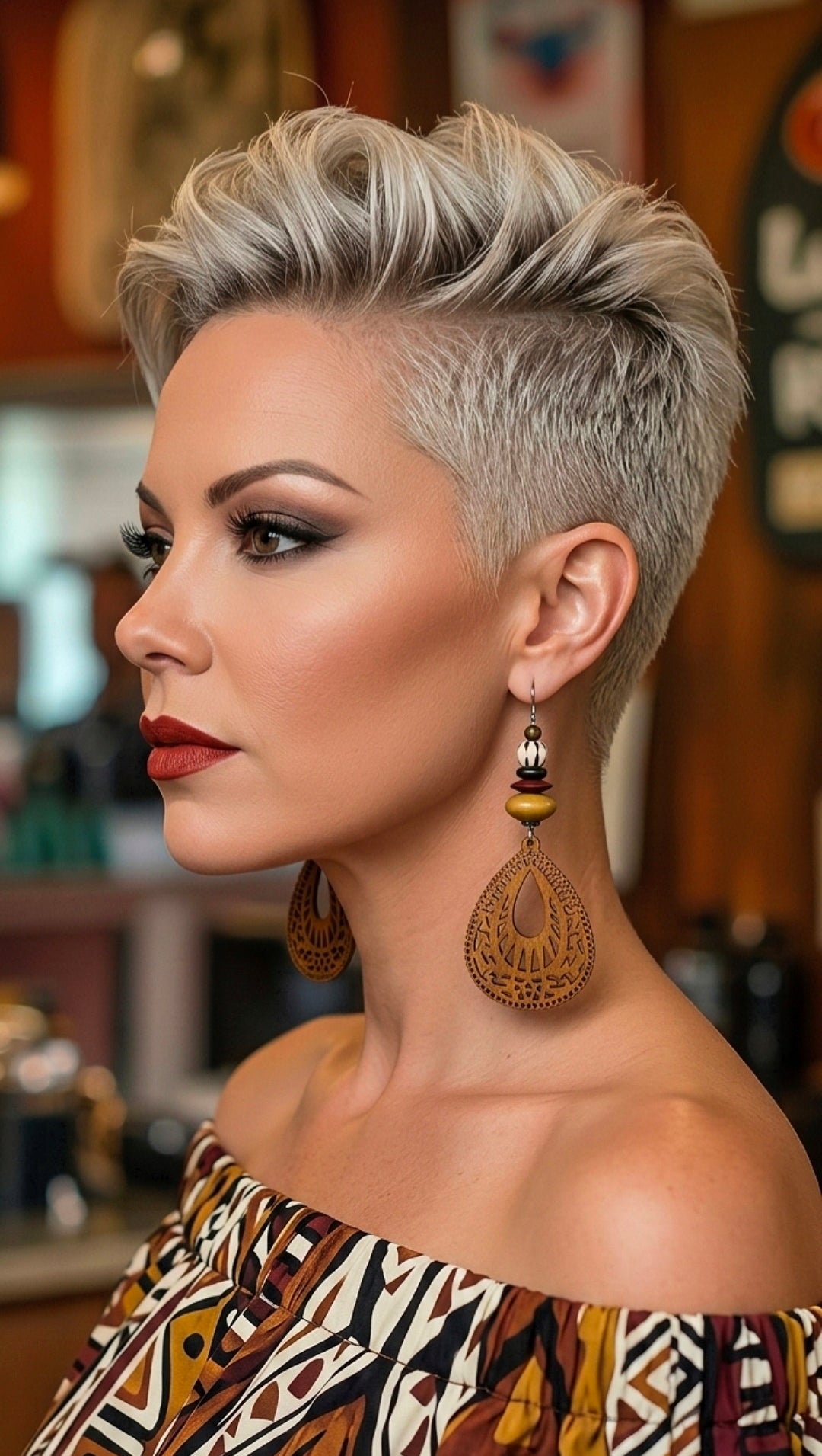 Tan Laser-Cut Wood and  Batik Bone Dangle Earrings