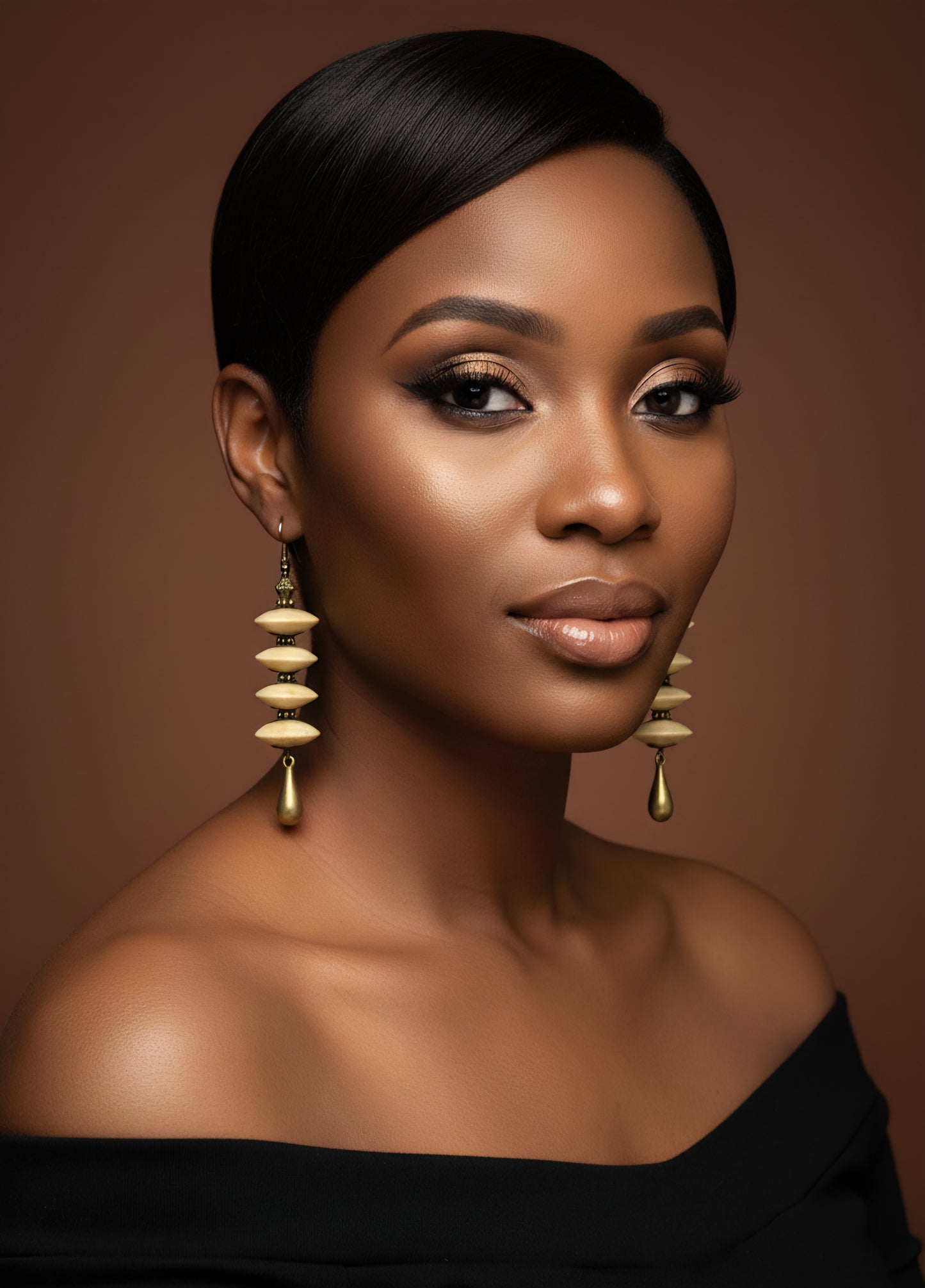 Tiered Tan Wood Dangle Earrings