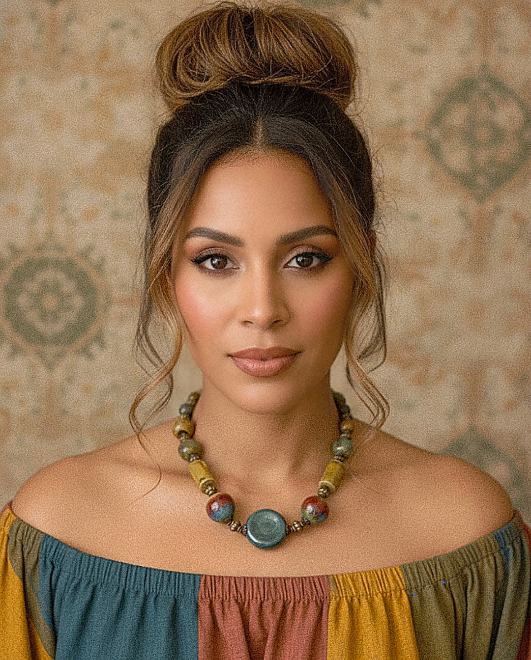 Turquoise Center Earth Tone Beaded Ceramic Necklace