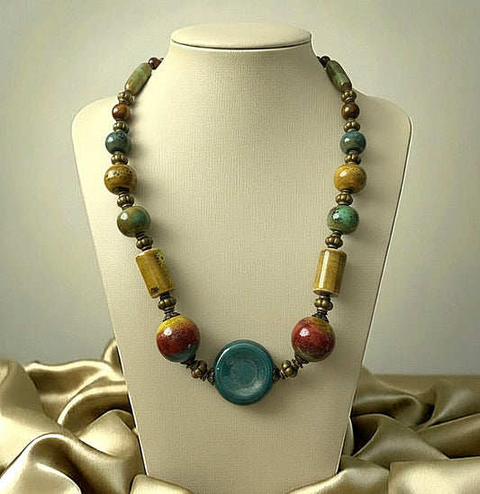 Turquoise Center Earth Tone Beaded Ceramic Necklace
