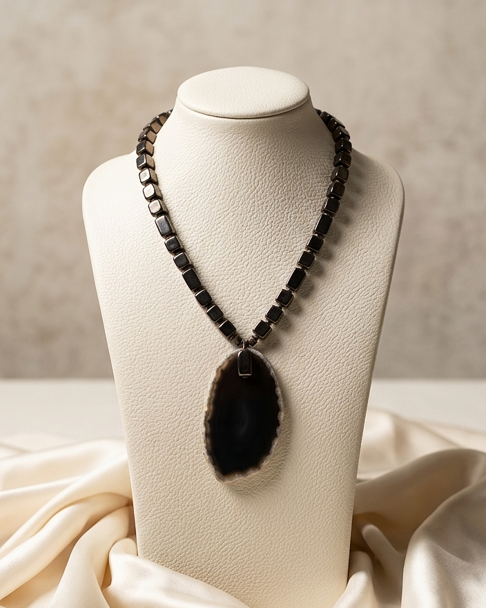 Necklace with a large pendant on a mannequin bust against a neutral background