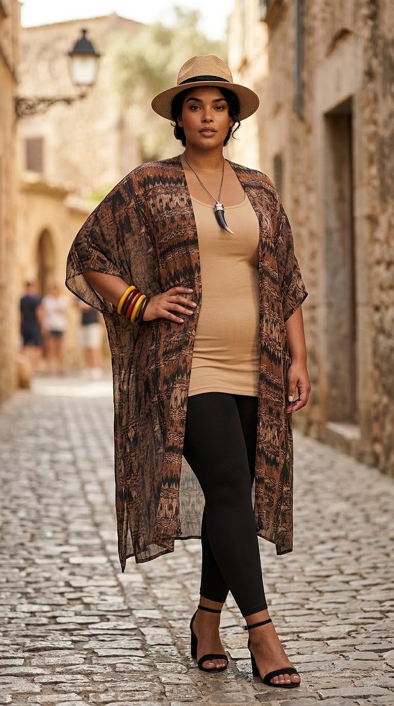A woman stands on a cobblestone street wearing a long brown patterned open-front cardigan over a beige top, black leggings, and black heeled sandals, with a tan hat and jewelry.