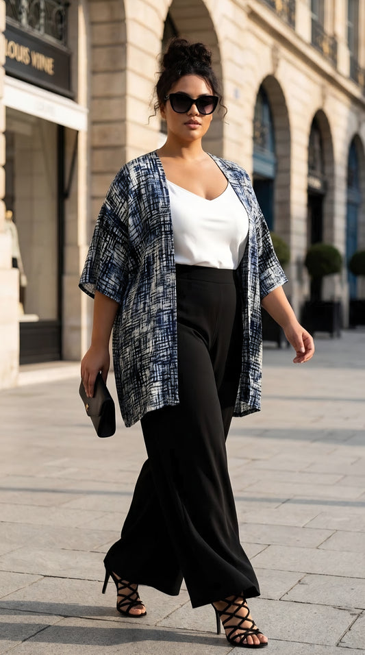 A woman walking outdoors on a city sidewalk wearing a blue and white patterned open-front cardigan over a white top and black wide-leg pants, with black strappy heels and sunglasses.
