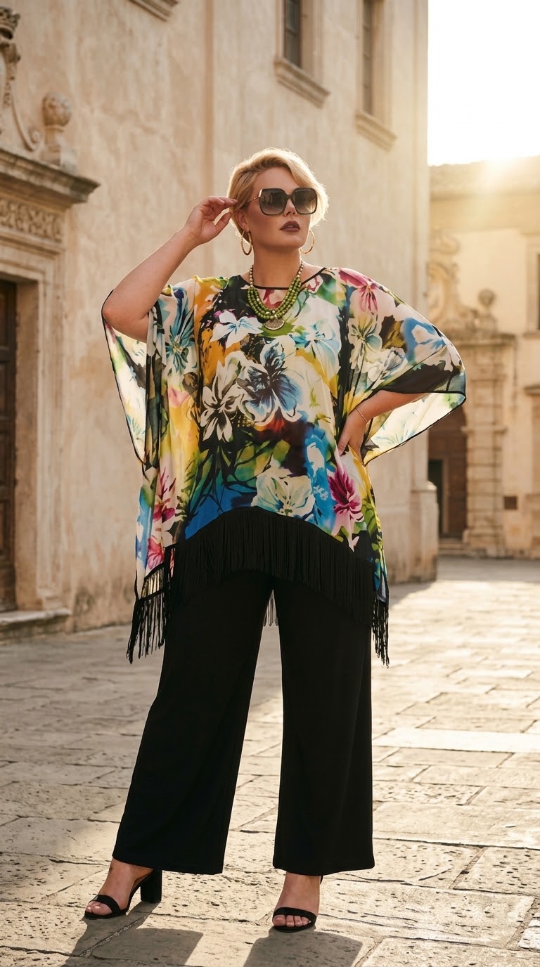 A woman stands on a sunlit stone street wearing a colorful floral poncho-style top with black fringe, black wide-leg pants, and black heeled sandals. The background shows warm-toned buildings and strong sunlight.