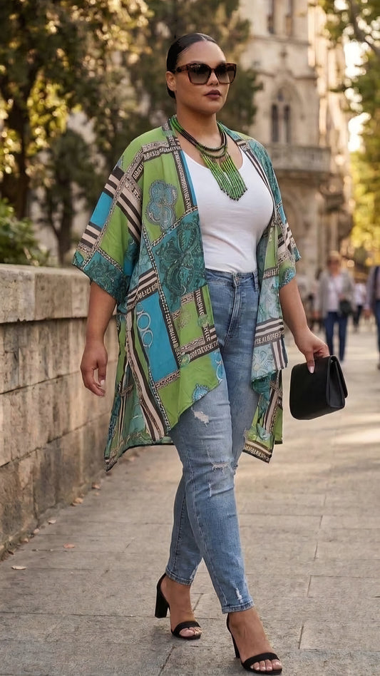A woman walking outdoors on a city sidewalk wearing a green and blue patterned open-front cardigan over a white top and light-wash jeans, with black heeled sandals and a small black handbag.