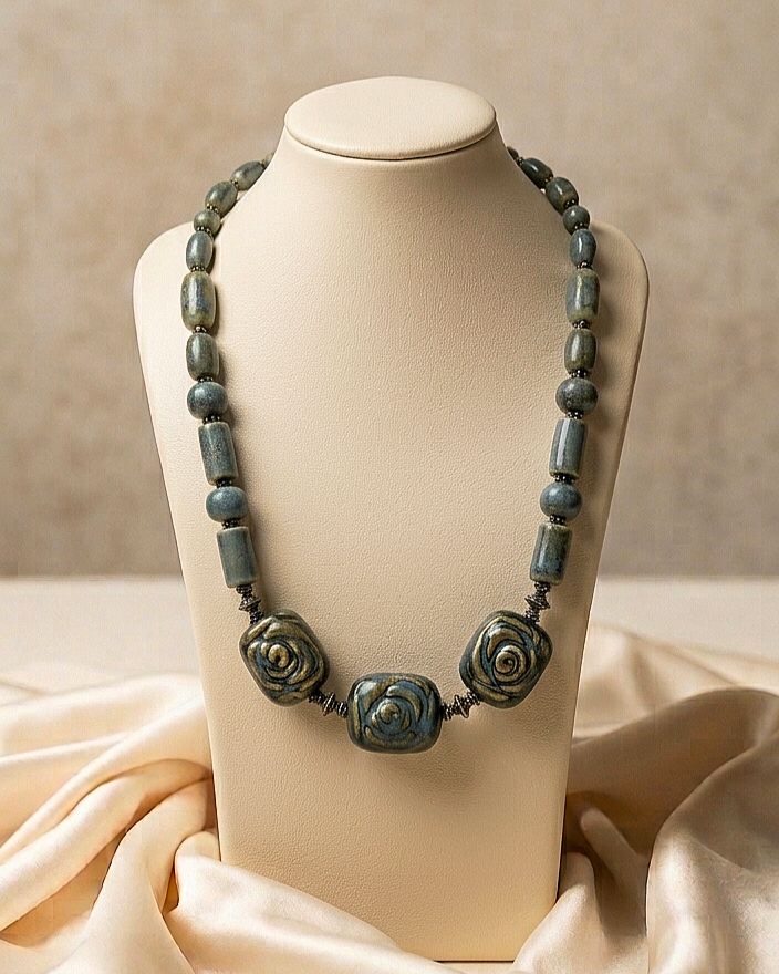 Artisan Blue Rosette Porcelain Beaded Necklace