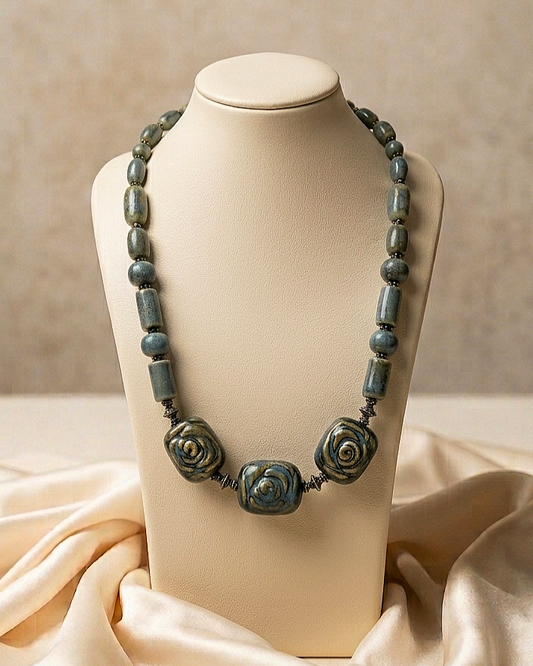 Artisan Blue Rosette Porcelain Beaded Necklace