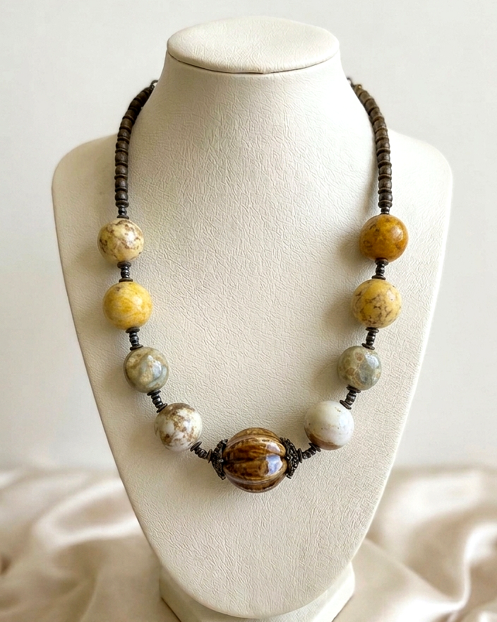 Necklace with large beads on a mannequin bust against a white background