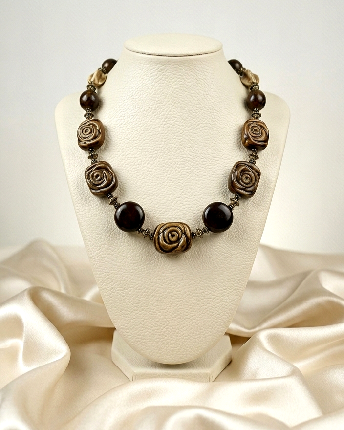 Brown Carved Rosette Porcelain Necklace