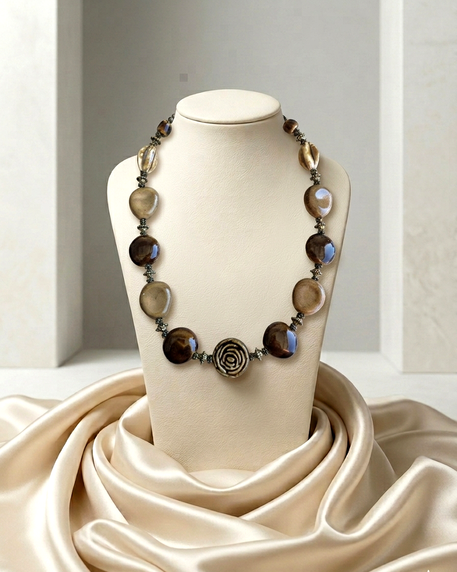 Necklace on a mannequin bust with a beige fabric background