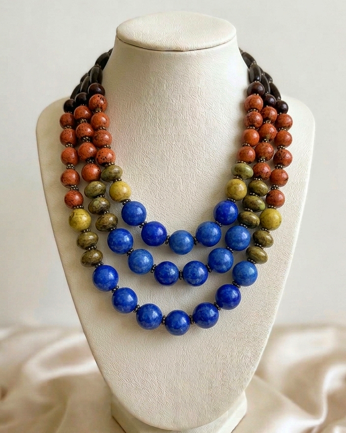 Multistrand Multicolored Statement Porcelain Blue Center Necklace