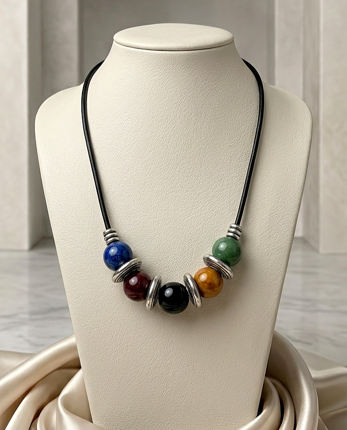 Necklace with colorful beads on a mannequin bust against a neutral background