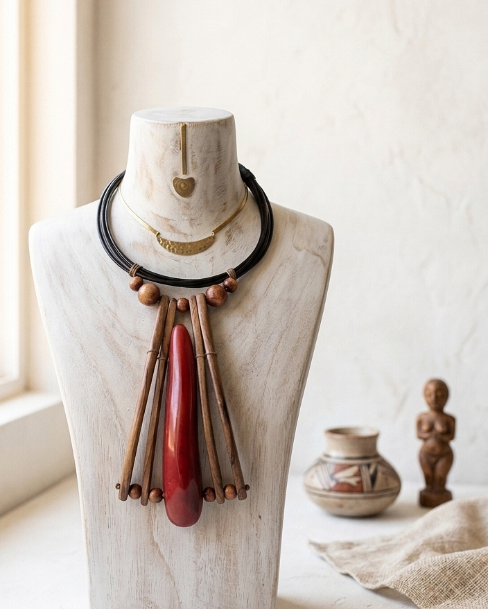 burnt orange colored bone and wood ethnic necklace