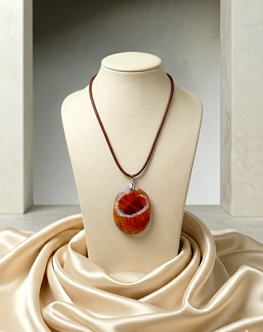 Necklace with a large pendant on a mannequin bust against a neutral background