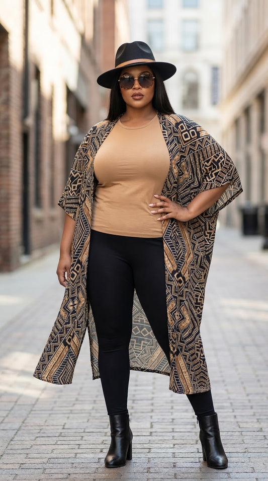 A woman stands on a city street wearing a tan ribbed tank top, black leggings, black ankle boots, a black wide-brim hat, and a long open-front kimono-style cardigan with a brown and black geometric pattern.