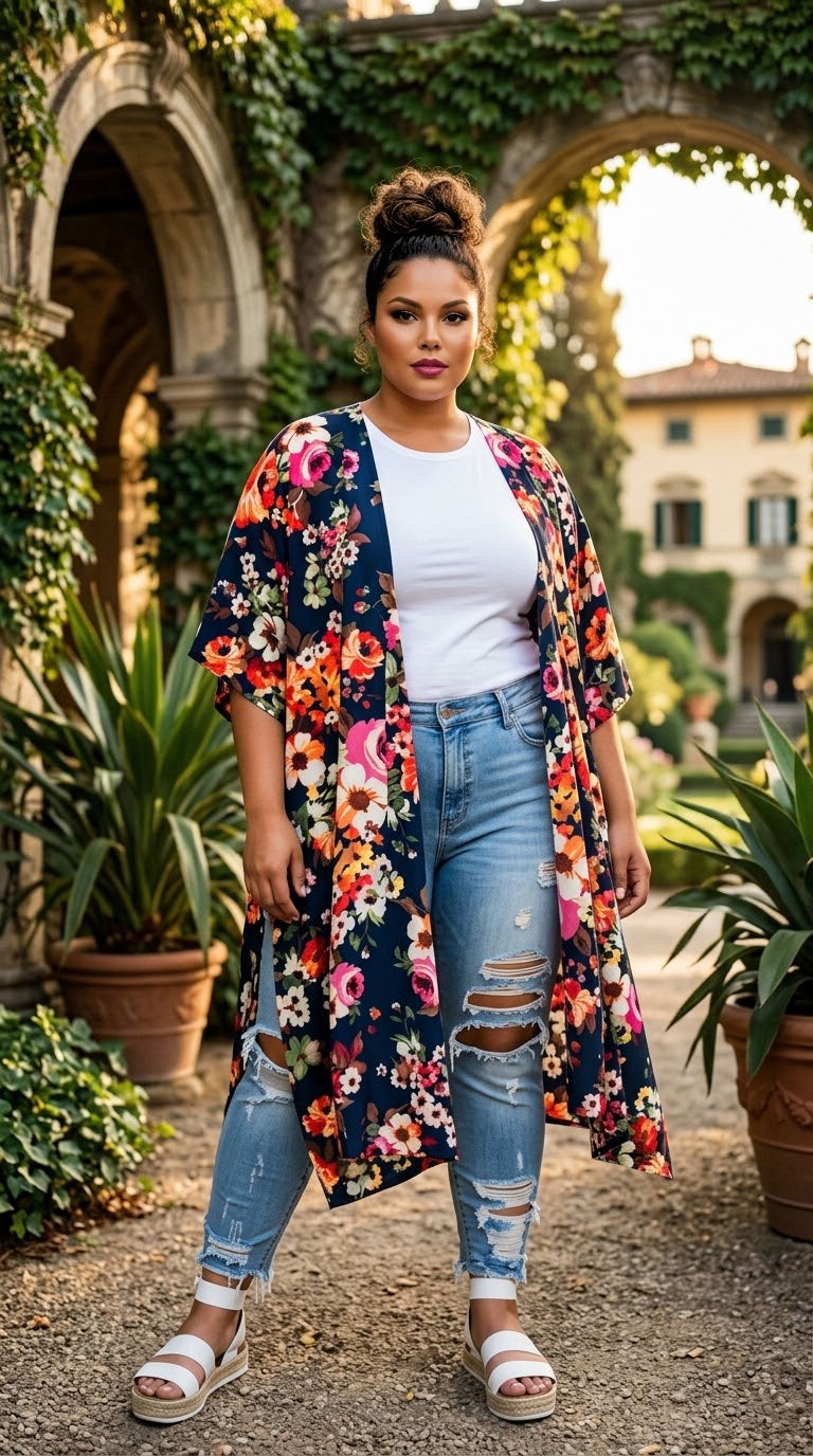 A woman stands in an outdoor garden courtyard wearing a navy blue floral kimono cardigan over a white t-shirt and distressed blue jeans.