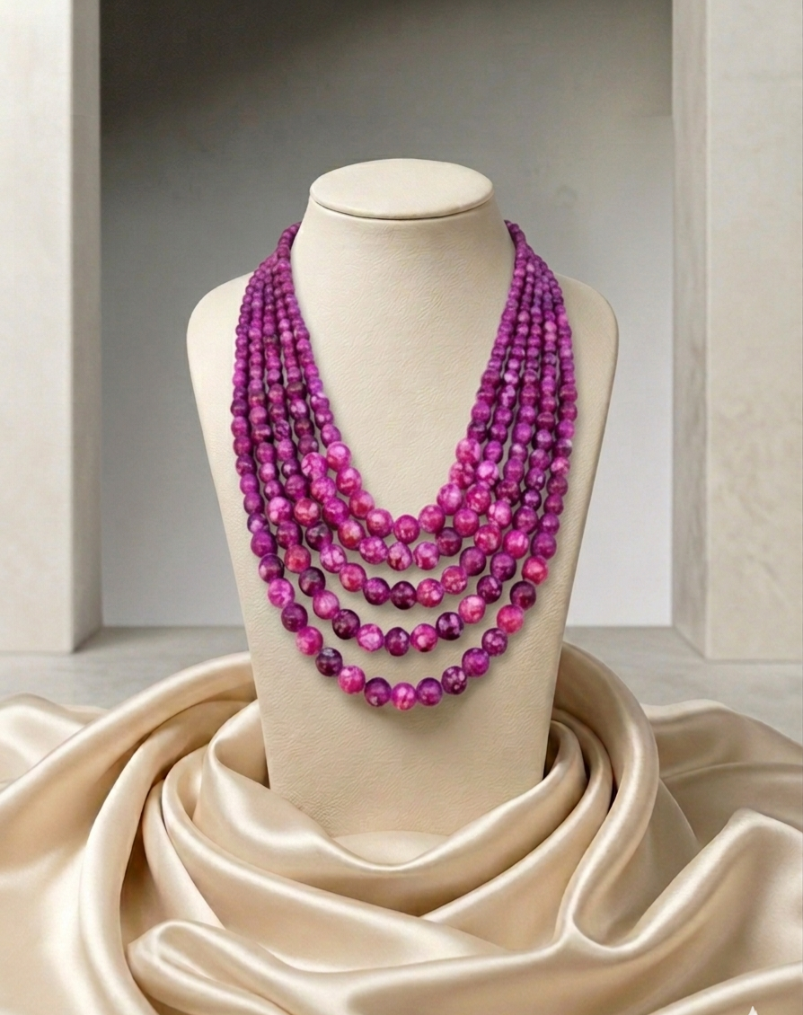 Multistrand Marled Fuchsia Beaded Statement Neklace
