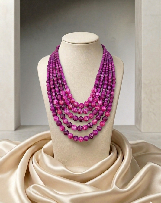 Multistrand Marled Fuchsia Beaded Statement Neklace