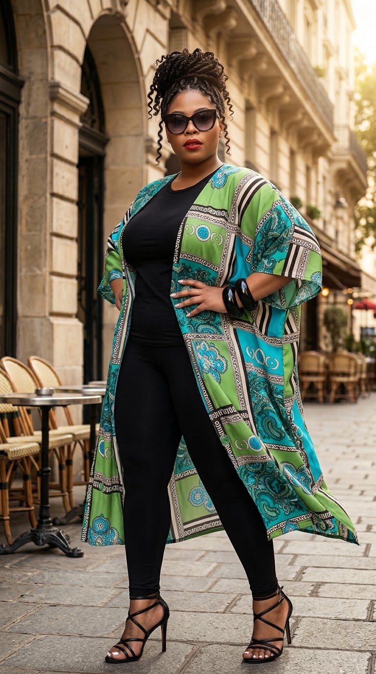 A woman stands on a city sidewalk wearing a long, open-front patterned kimono-style cardigan in bright green, turquoise, black, and cream, over a black outfit. The background shows a blurred urban street scene with stone buildings and outdoor cafe seating.
