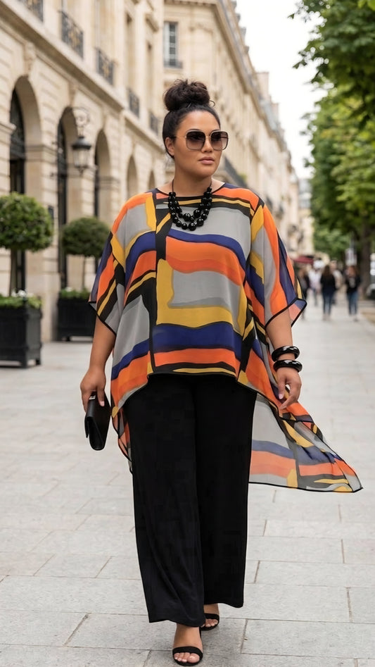 A woman walking down a city street wearing a loose, short-sleeve striped poncho top with orange, yellow, blue, gray, and white bands, paired with black wide-leg pants and black sandals.