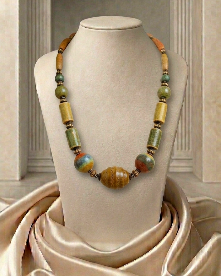 Necklace with multicolored beads on a mannequin bust against a neutral background