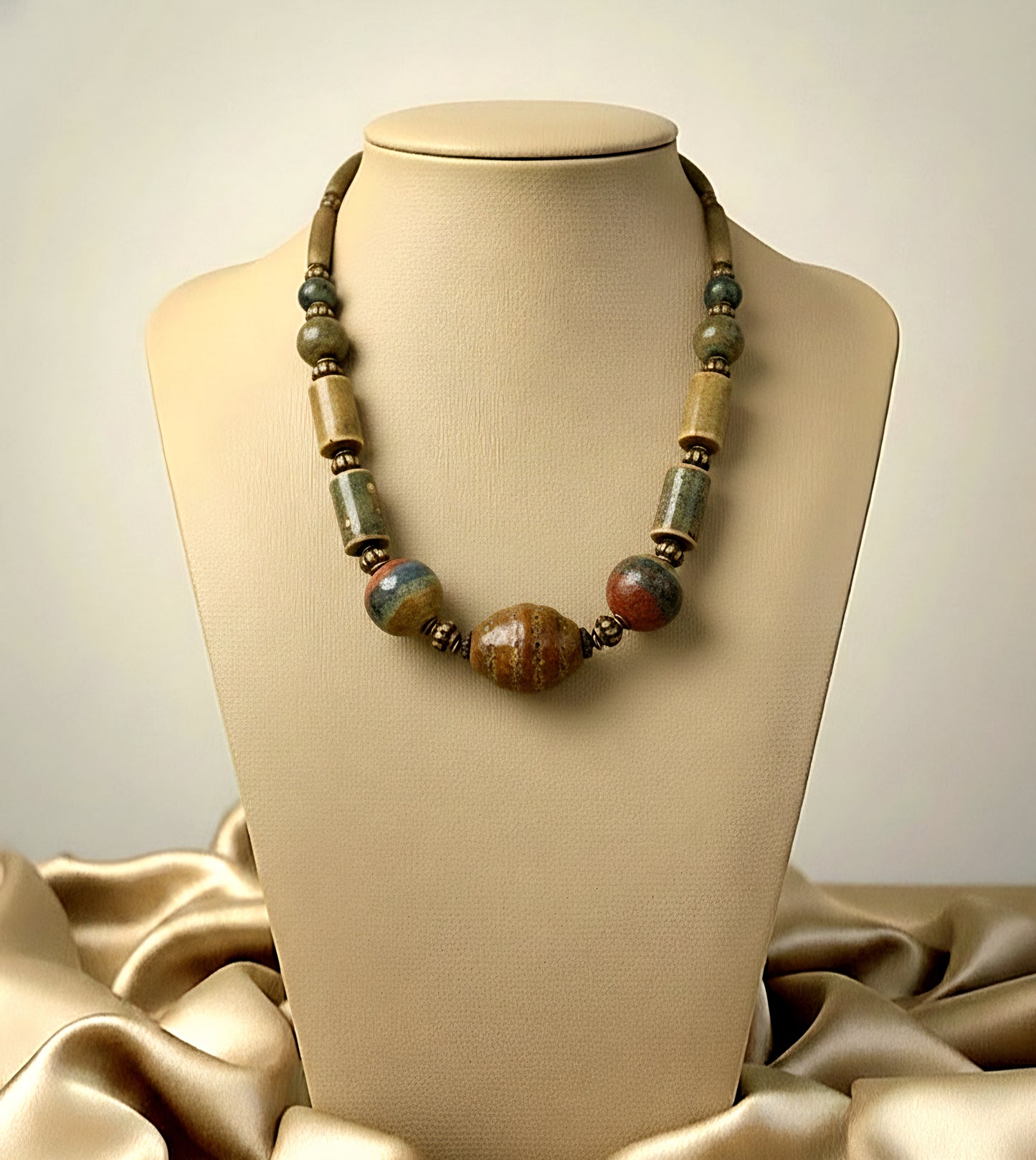 Honecomb Center Ceramic Earth Tone Beaded Necklace
