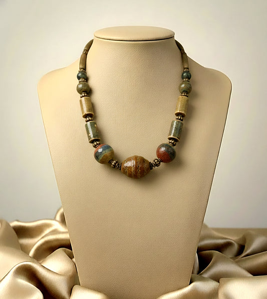 Honecomb Center Ceramic Earth Tone Beaded Necklace
