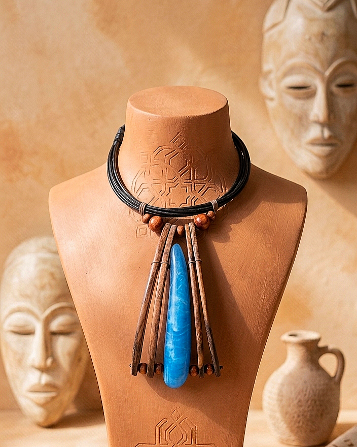 marled blue bone colored ethnic necklace