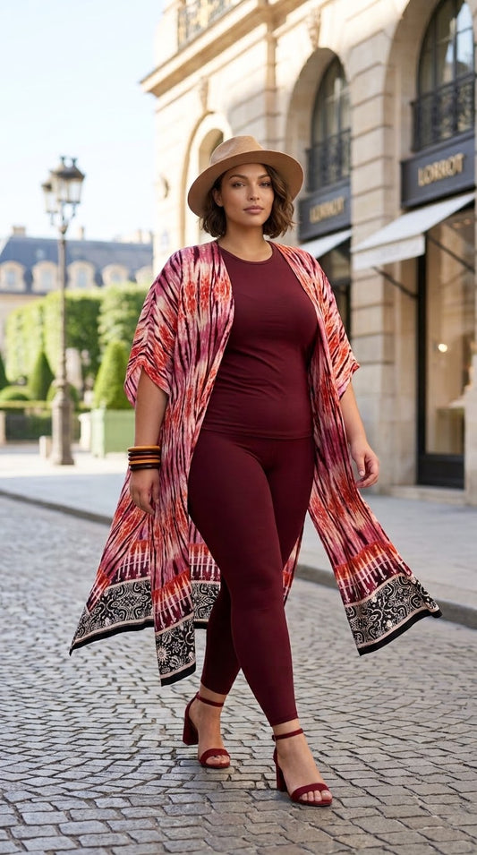 maroon plus size tie dye kimono