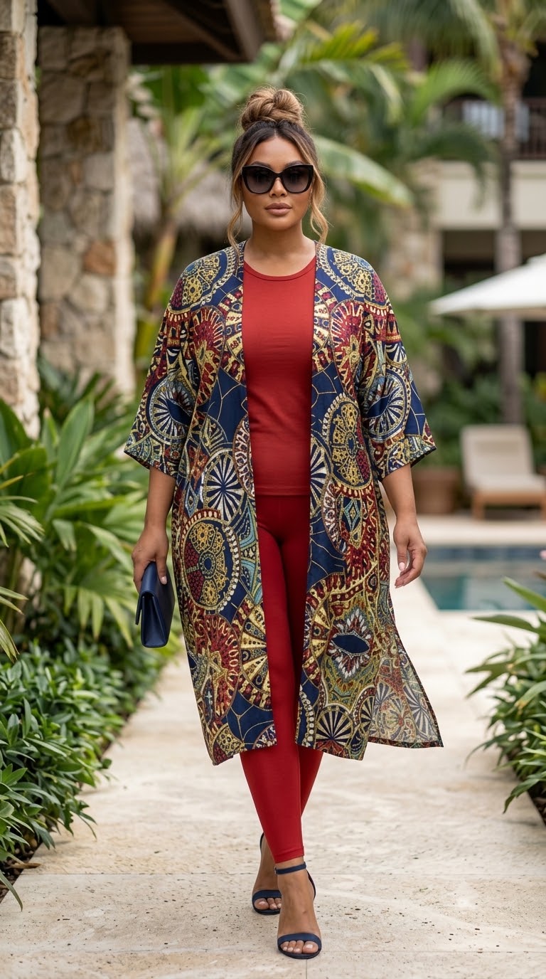 A woman walking outdoors in a tropical resort setting wearing a rust red matching set consisting of a long-sleeve top and leggings, styled with a long open-front kimono jacket featuring a colorful blue, gold, and red mandala pattern.