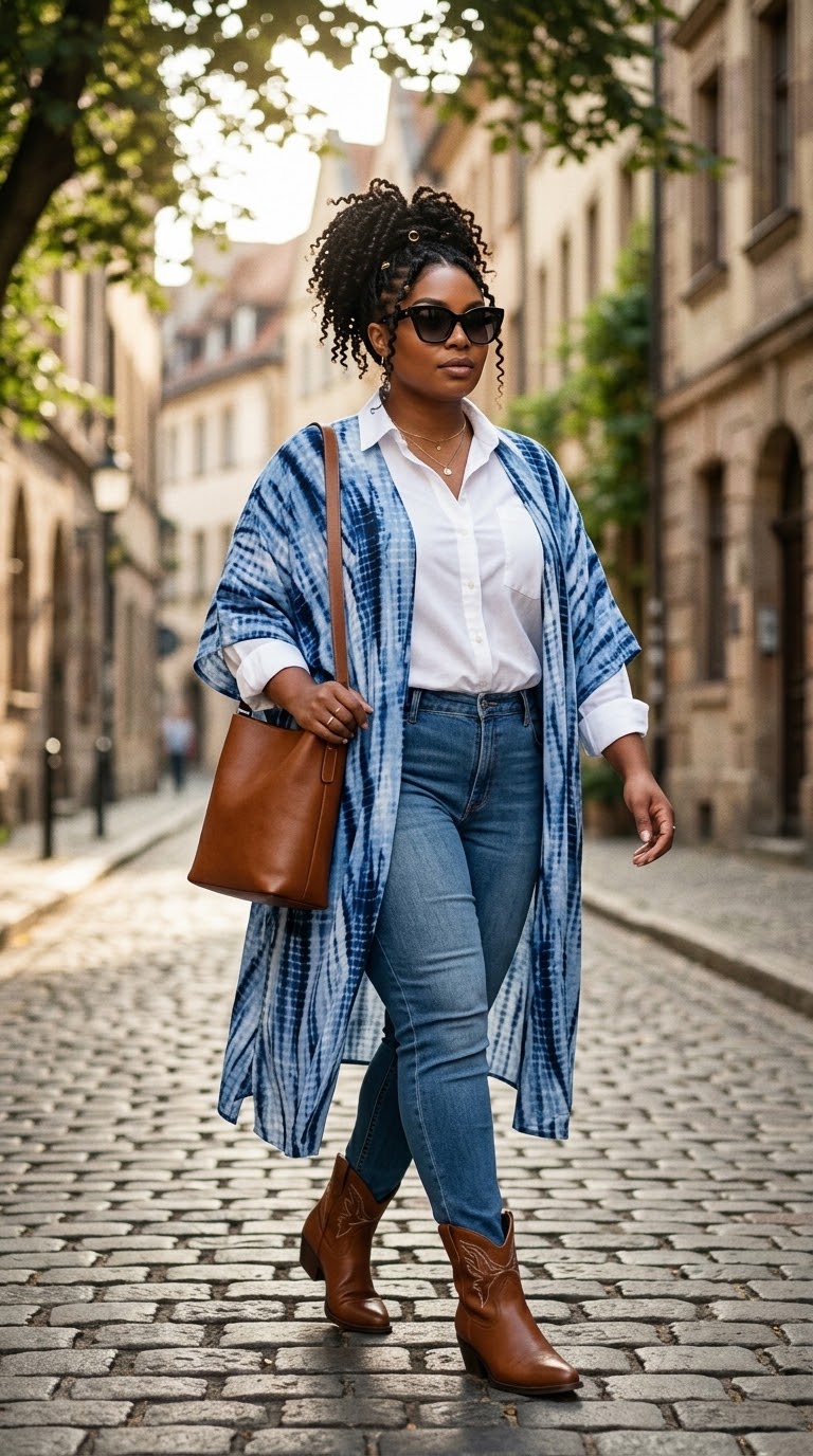 A woman walking on a cobblestone street wearing a blue and white tie-dye open-front cardigan over a white shirt, blue jeans, and brown leather cowboy boots, while carrying a brown leather shoulder bag.