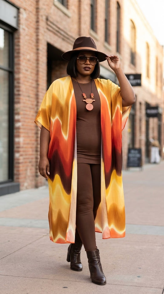A woman stands on a city sidewalk wearing a long, open-front kimono-style cardigan with a bold wavy flame-like pattern in yellow, orange, red, and brown over a brown outfit, brown hat, and dark boots.
