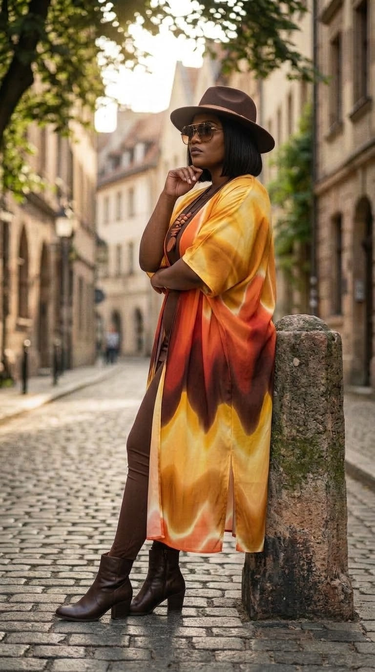 Maxi Kimono  Orange Yellow  Brown Ombre Print Kimono