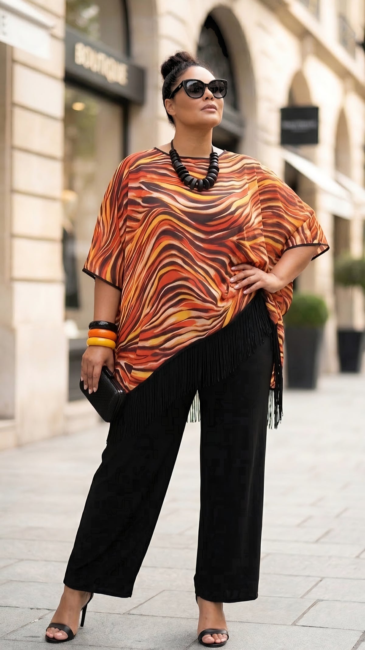 Chiffon Poncho Fringed Abstract Swirl