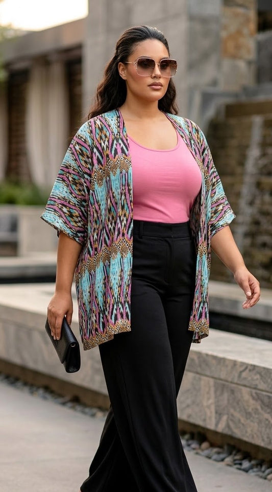 A woman walking outdoors wearing a colorful geometric print open-front cardigan over a pink tank top and black pants, with sunglasses and a black clutch.