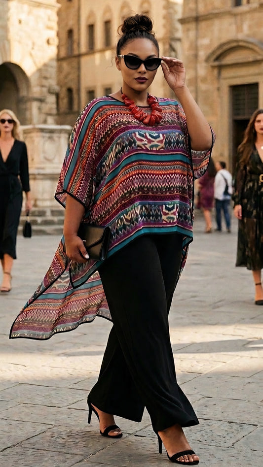 A woman walking outdoors in a sunlit stone plaza wearing a loose, multicolored patterned poncho-style top with black wide-leg pants and black heeled sandals. She is also wearing sunglasses and a red necklace.