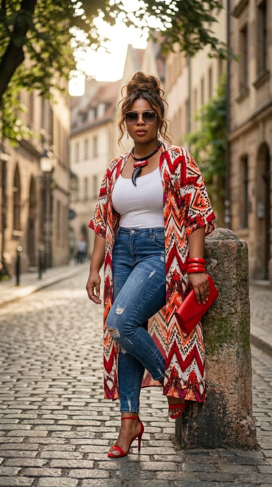 A woman stands on a cobblestone street wearing a long red, orange, and cream zigzag-patterned open-front cardigan over a white top and blue jeans, holding a red clutch and wearing red heels.