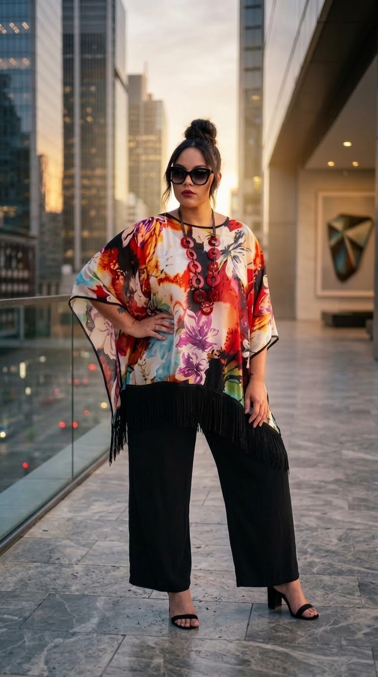 A woman stands on a modern outdoor balcony wearing a vibrant, multicolored floral kimono-style top with black fringe, paired with black wide-leg pants and black heeled sandals. The background features a city skyline at sunset.