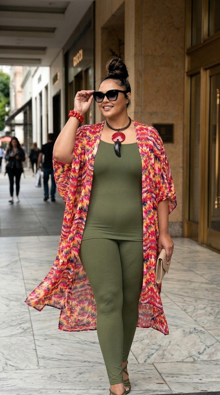 A woman walking on a city sidewalk wearing an olive green matching set with a colorful floral open-front cardigan, sunglasses, and a red flower necklace.