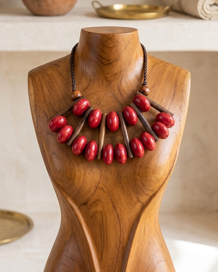 red wood ethnic bib necklace