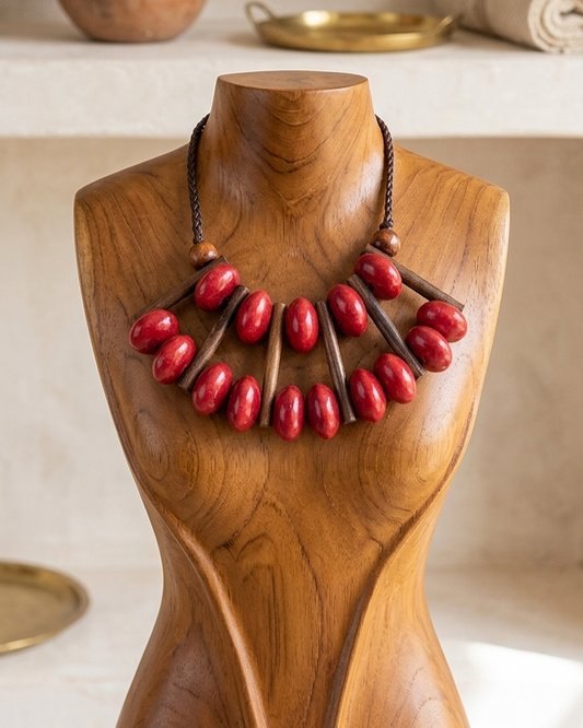 red wood ethnic bib necklace