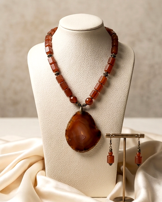Necklace with large brown pendant on a mannequin bust, accompanied by matching earrings.