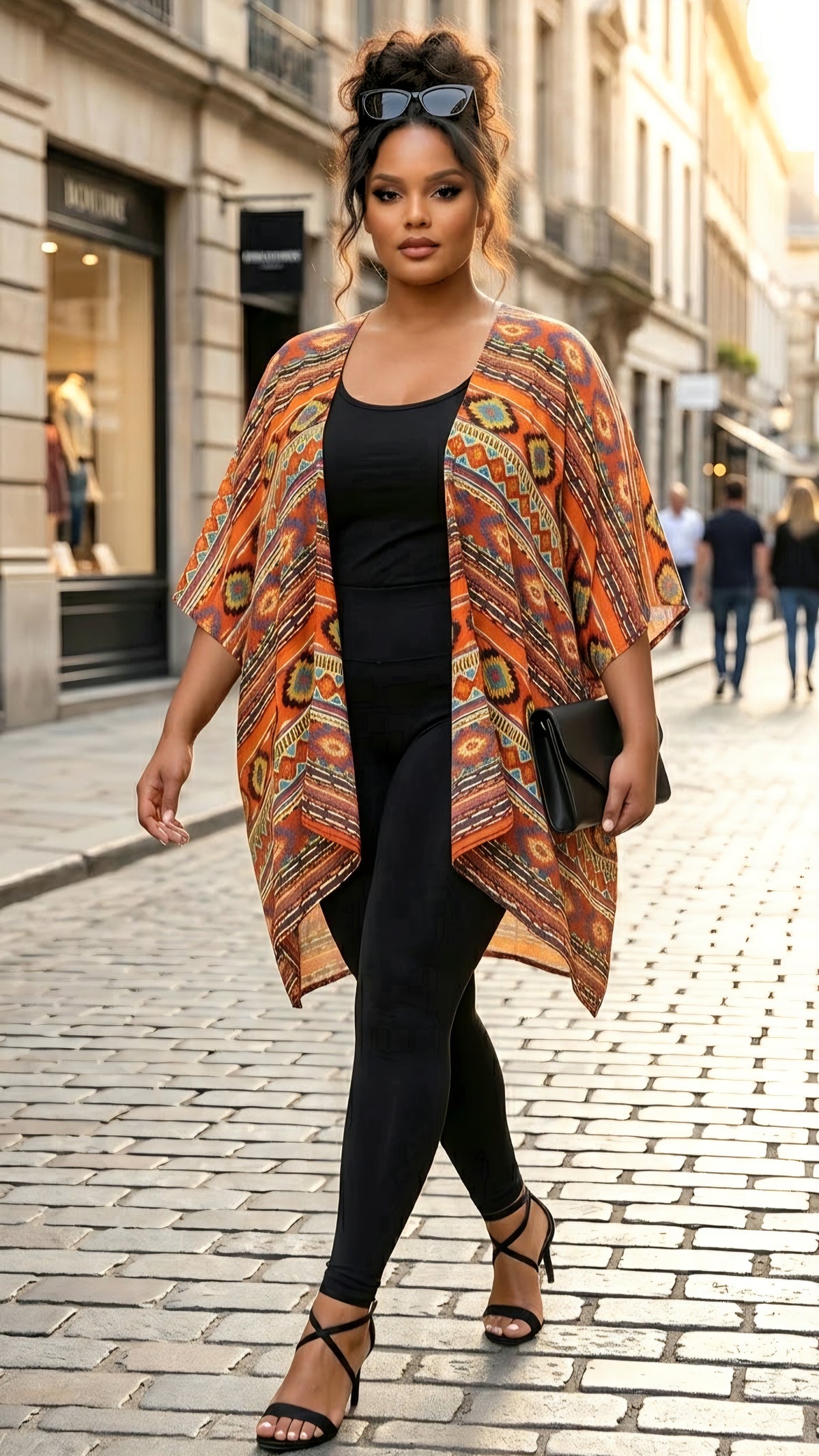 Short Kimono Orange Black Aztec Print