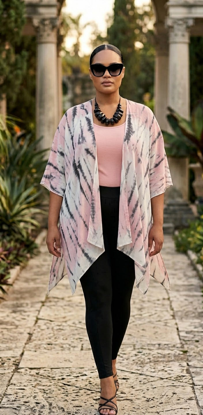 Short Kimono Pastel Pink Gray Beige Tie Dye