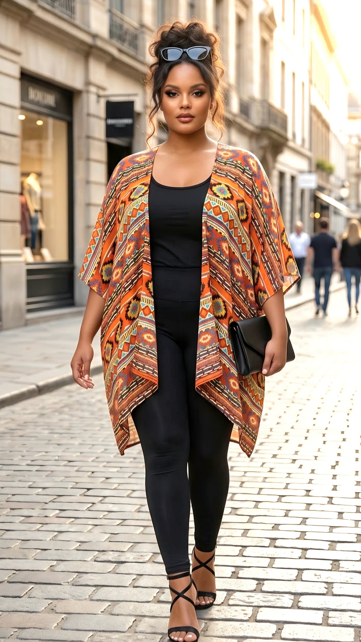 A woman walking on a cobblestone street wearing a black bodysuit and black strappy heels, with an orange, brown, and black patterned open-front kimono cardigan draped over her shoulders. She is holding a small black clutch and wearing sunglasses on her head.