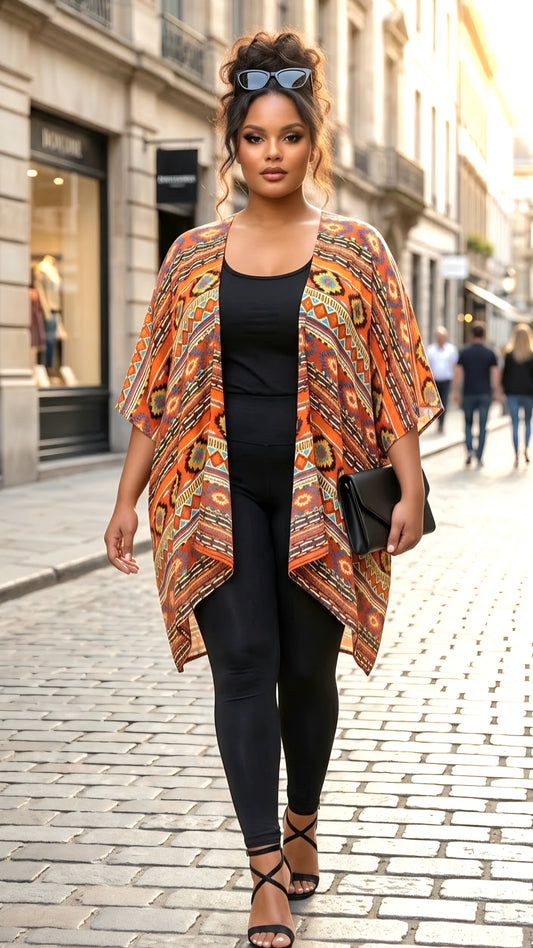 A woman walking on a cobblestone street wearing a black bodysuit and black strappy heels, with an orange, brown, and black patterned open-front kimono cardigan draped over her shoulders. She is holding a small black clutch and wearing sunglasses on her head.