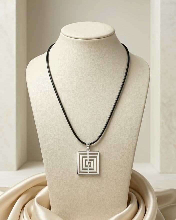 Necklace with a square maze pendant on a mannequin bust against a neutral background