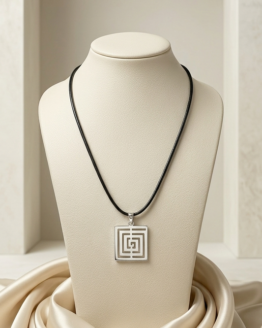 Necklace with a square maze pendant on a mannequin bust against a neutral background