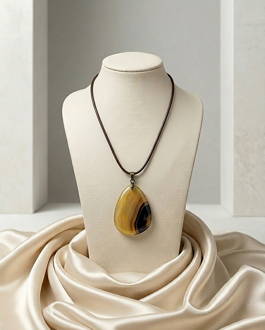 Necklace with a large pendant on a mannequin bust against a neutral background