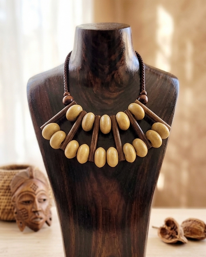 Handpainted Tan Wood Bib Necklace